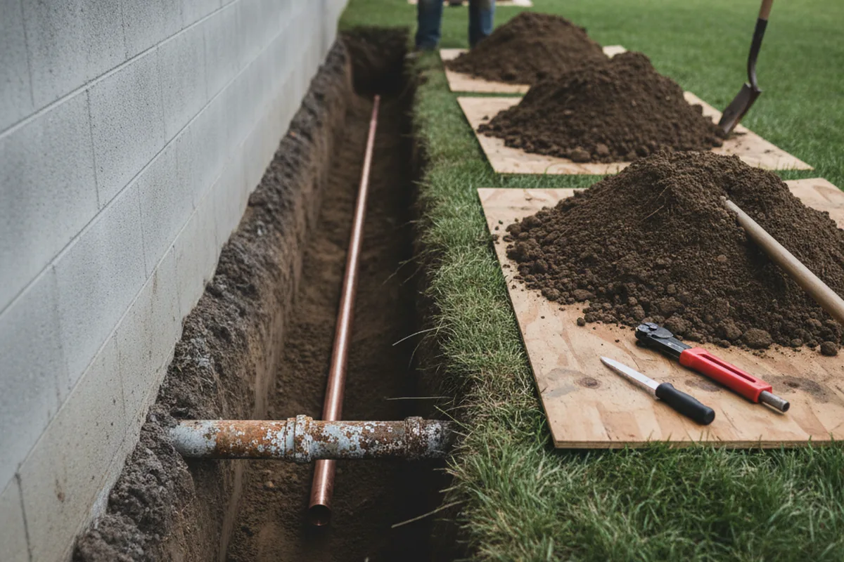 Excavated water line trench during Sewer Line Repair in Southview